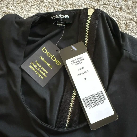 NWT Bebe Slinky Side Cut-Out Midi Dress Jet Black Sleeveless Evening Gown Medium - Picture 8 of 10